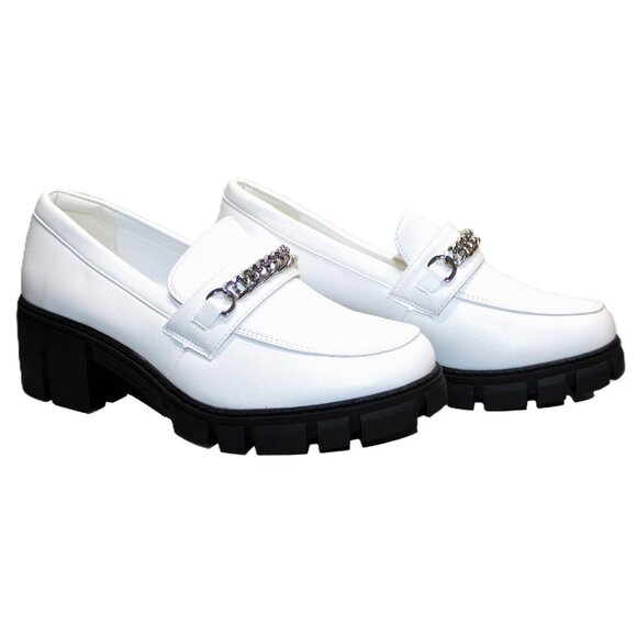 TINSTREE Platform Loafer Women White Silver Chain Size 10 Chunky Heel Slip On - Picture 1 of 5